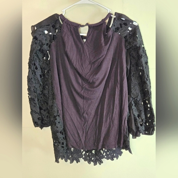 INC Floral Crochet Overlay Ruffle Sleeve Whimsygoth Top, Medium - Picture 3 of 4